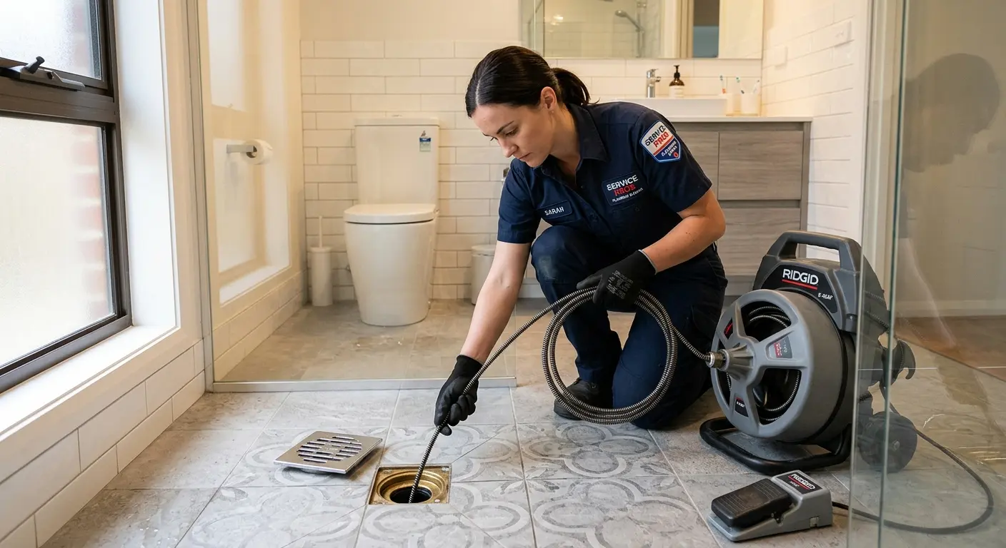 Technician clearing a bathroom floor drain for Sewer Line Replacement in Clinton
